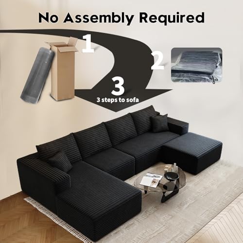 Image of 135.4 inch Cloud Modular Sectional Couch with 1 Ottoman,Modern Minimalist Upholstered Couches, Comfort U Shaped Sofa for Living Room,Deep Seat Corner Couch,No Assembly Required (Black,Left Facing Chaise)