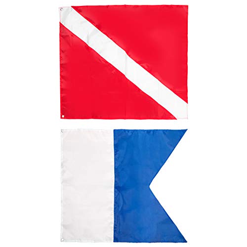 Dawitrly Safety Dive Flags, 2Pieces Polyester Diver Down Flag + International Signal Alpha Flag 20x24inches Use on Float, Buoy, Boat for Snorkeling/Diving/Spearfishing/Scuba
