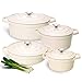 ProCook - Cocottes Ovale Basse Ronde avec couvercles - Set 4 Pièces - 30cm 28cm 24cm 20cm - Blanc Crème - Fonte Émaillée - Compatible avec Toutes Sources de Chaleur (Induction Incluse)