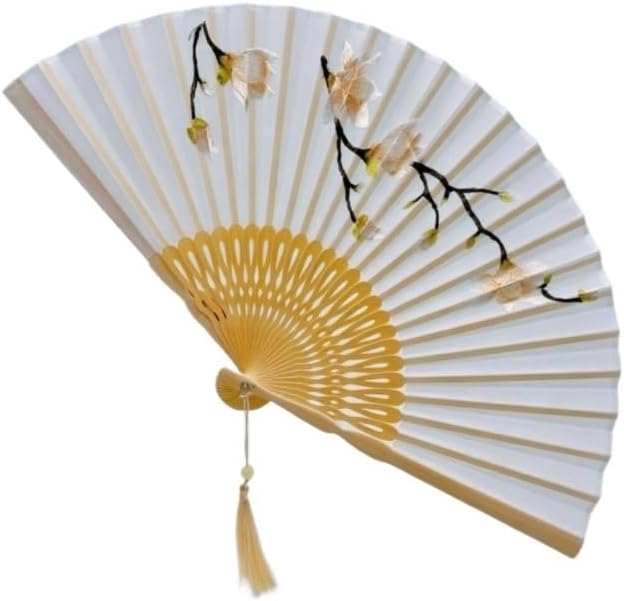 Handmade Embroidery Magnolia Folding Fan Elegant Chinese Vintage Portable Hand with Soft Tassel