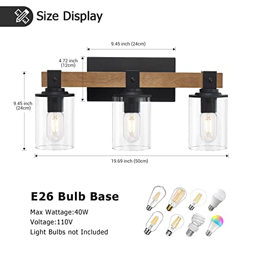 Farmhouse Bathroom Vanity Light, 3 Light Rustic Bathroom Light Fixture, Wood Bathroom Lights Over Mirror with Clear Glass Shade, Farmhouse Vanity Wall Lights for Bathroom, Living Room, Hallway