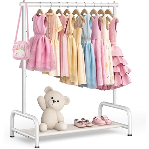 SLEEPING LAMB Kids Clothing Rack, Small Baby Clothes Rack with Bottom Storage Shelf, Kids Dress Up Rack Storage for Coats, Dance Costume Garment Rack for Hanging Clothes, White