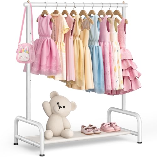 SLEEPING LAMB Kids Clothing Rack, Small Baby Clothes Rack with Bottom Storage Shelf, Kids Dress Up Rack Storage for Coats, Dance Costume Garment Rack for Hanging Clothes, White