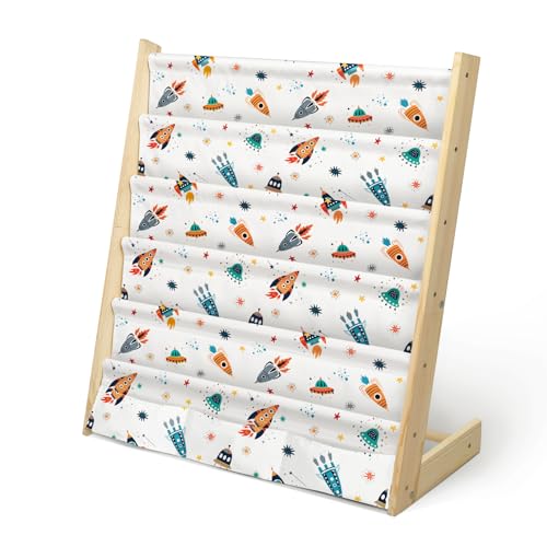 Image of wooshwa Kids Bookshelf 5 Tier Wooden Toy and Book Storage Organizer 3 Pockets Toddler Sling Book Rack with Deep Sleeves for Boys Playroom Nursery Bedroom (Rocket)