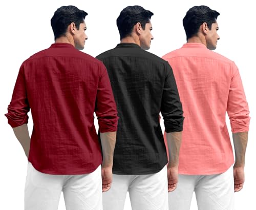 Image of Zombom Combo of Men's Solid Cotton Polyester Blend Full Sleeve Mandarin /Chinese Collor Straight Kurta Shirt (Pack of 3)