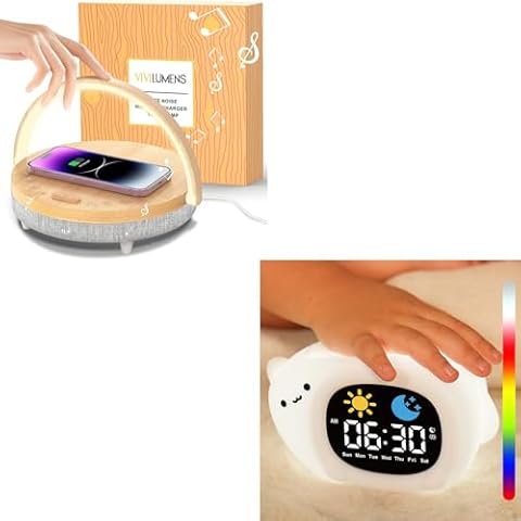 Vivilumens Sleep Bundle: Includes Modern Bedside Lamp with Wireless Charger & Bluetooth Speaker and Kids' Cat-Shaped Alarm Clock Cover