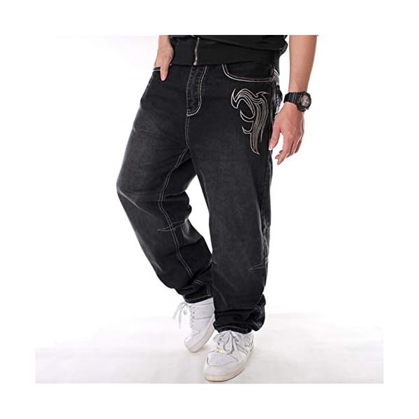 LUOBANIU Men's Vintage Hip Hop Style Baggy Jeans Denim Loose Fit Dance Skateboard Pants, Black, 42 - Image 4