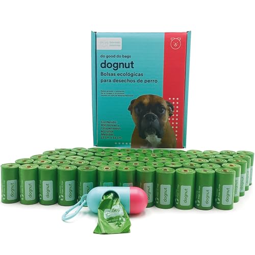 dognut - 900 Bolsas para excrementos de perro con dispensador y clip para correa, 33 x 23 cms, sin perfume, verde, Fuertes, Resistentes, Desechables (60 rollos)