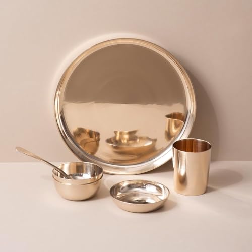 Image of Indian Dining Collection Bronze Dinner Set for Traditional Meals | Handcrafted Kansa Thali Set with Bowls, Glass (Gloss Finish | 6-Piece (Serves 1))