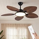 Yijingkc 52 Inch Palm Leaf Ceiling Fan with Light and Remote - Black Motor Walnut Finish Blades, Quiet DC Motor, Dimmable LED, 6 Speeds Reversible, 6/10/24 Inch Downrods & Sloped Ceiling