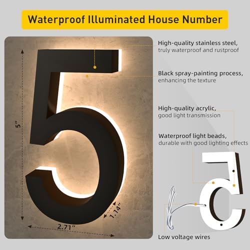 MIDIT 5 Inch Backlit LED House Numbers, Waterproof Stainless Steel, High Transparency Acrylic, LED Illuminated Home Address Number, Lighted House Numbers, Modern Address Numbers, 5 Inch Number 5 by MIDIT - Used condition - Image 5