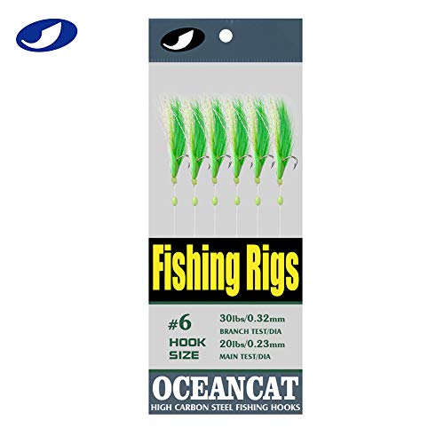 Ocean Cat 10 Packs Green Feather Fish Skin 6 Hooks Fishing Rigs With String Hooks Glow Fishing Beads High Carbon Hooks For Freshwater Saltwater Fishing Lures Bait Rig Tackle (Green, 1/0#) #TOP2
