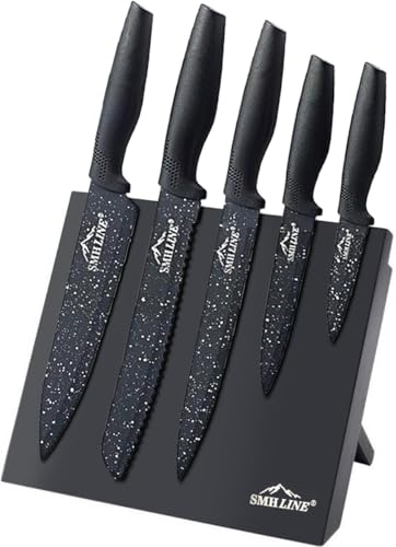 SMHLINE Bloc à couteaux magnétique avec couteaux, set de 5 couteaux en acier inoxydable avec bloc magnétique, porte-couteaux, planche à couteaux avec support pliable, bloc à couteaux universel avec