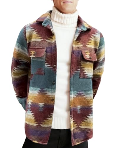 ZAFUL Mens Aztec Print Button Up Lapel Tribal Shirt Flannel Shirts Shacket Tribal Geometric Ethnic Jacket Shirt, Ac3-wine Red, XL