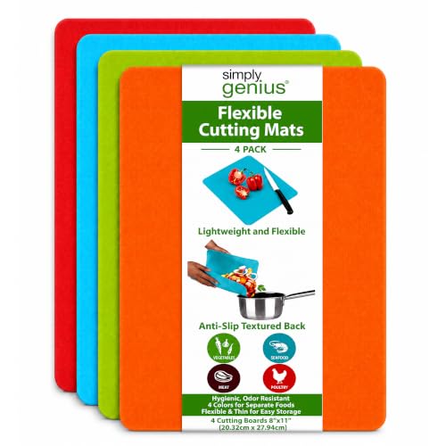 Simply Genius Plastic Cutting Boards - Flexible Color Coded Cutting Board Set - Textured Grip Odor-Resistant Dishwasher-Safe Chopping Mat - Pack of 4-8 in x 11 in - Multicolor