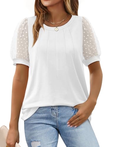 Aokosor Tops for Women Summer T Shirts Ladies Pleated Front Shirt Puff Sleeve Summer Tee White Size 26-28