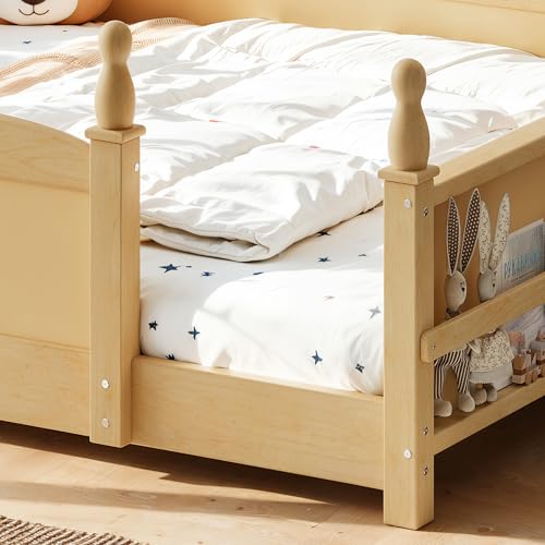 Image of Bellemave Full Size Montessori Floor Bed Frame with High Fence, Solid Wood Kids Floor Bed with Bookshelf, Low Profile Bed for Boys & Girls, Childlike Design,Natural