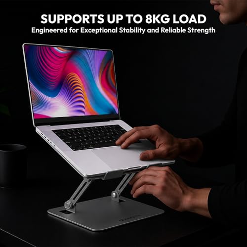 Image of Amkette Ergo Hi-Rise Laptop Stand, Laptop Stand Metal with Ergonomic Design, Heavy Duty Carbon Steel Build, Supports Up to 8kg Laptop, EVA Protection Pads, Supports Laptops up to 15.6 Inch, Grey