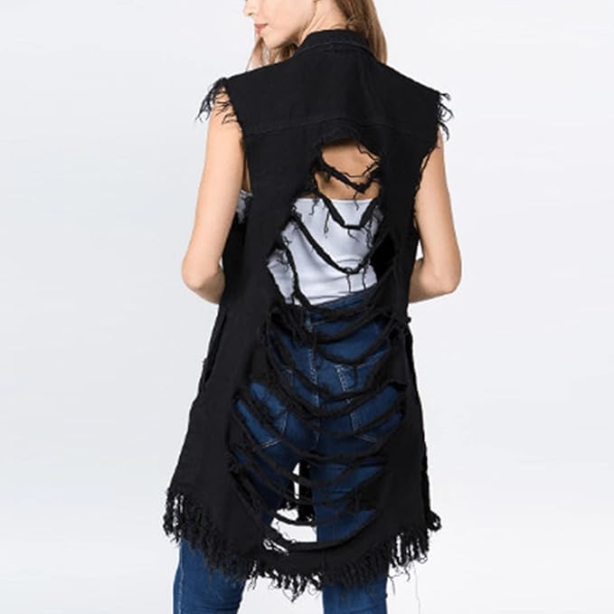 Songling Women's Distressed Ripped Sleeveless Mid Long Denim Jacket Jean Vest Cardigan Coats - Image 5