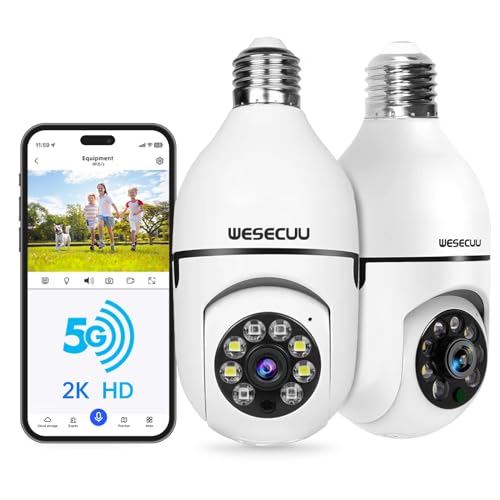 WESECUU Light Bulb Security Camera -5G& 2.4GHz WiFi 2K Security Cameras Wireless Outdoor Motion Detection and Alarm,Two-Way Talk,Color Night Vision,Human Detection, Bulb Camera Compatible wi