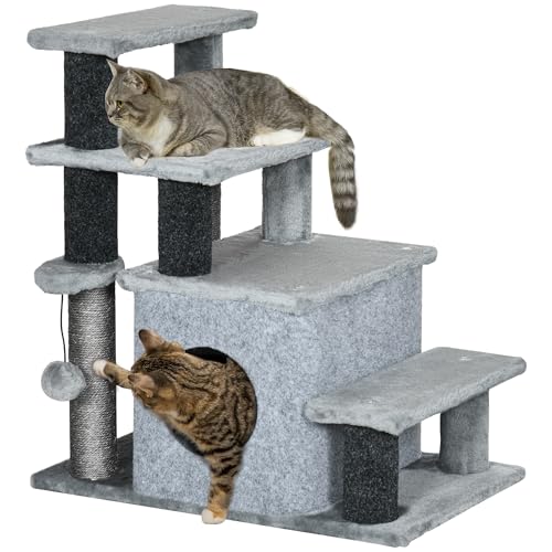PawHut - PawHut Adjustable Height Cat Stairs with Jute Scratching Posts, Cat House for Cozy Rest, Pet Steps for Couch Sofa and High Bed with Hanging Ball, Front Hole, Platform, Grey