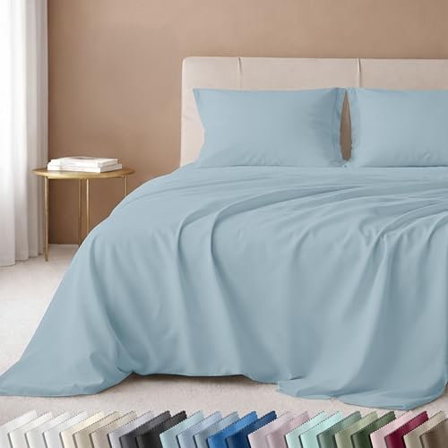 Image of California Design Den Twin Bed Sheets Set - 600 Thread Count Sateen, 100% Cotton Sheet & Pillowcase Sets, Deep Pockets with All Around Elastic, Snug Fit, Durable Bedding - Sea Mist Blue