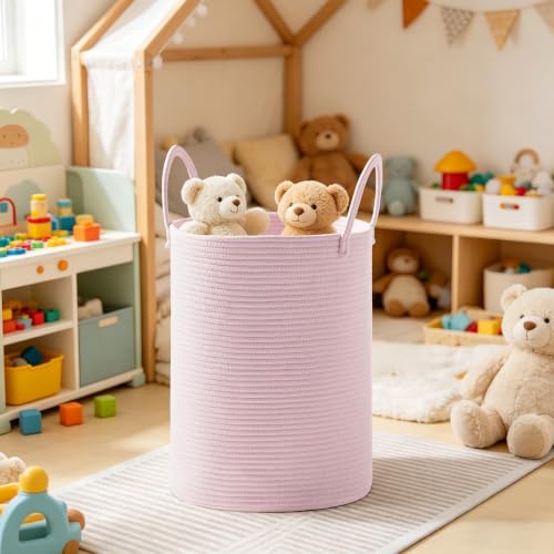 Image of 53L Tall Cotton Rope Laundry Basket with Handles, Pink