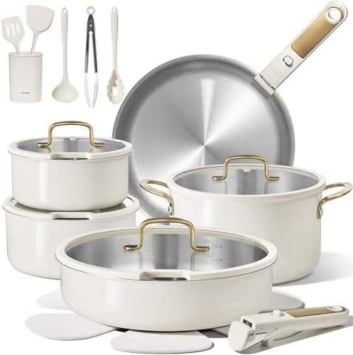 CAROTE 21pcs Tri-Ply Stainless Steel Cookware Set with Detachable...