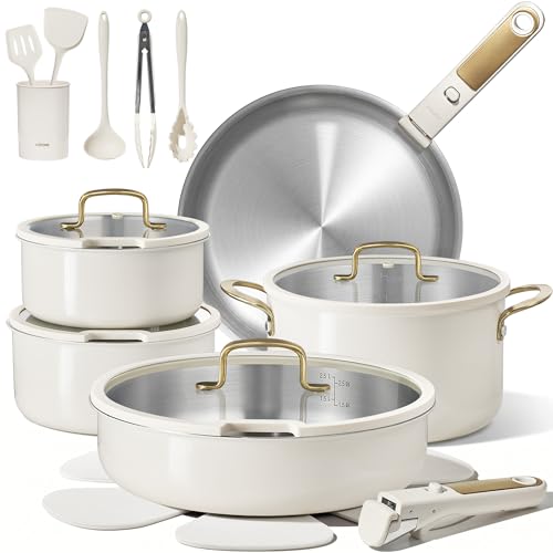 Image of CAROTE 21 PCS Stainless Steel Cookware Set, Pots and Pans Set Non Toxic, Dishwasher Safe, White