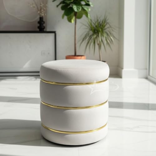 Image of Wooden Puffy Round Footstool and Ottoman Stool for Living Room Furnishings, Sitting Pouffe Ottoman Stool, Office Stool, and Room Decor Cream