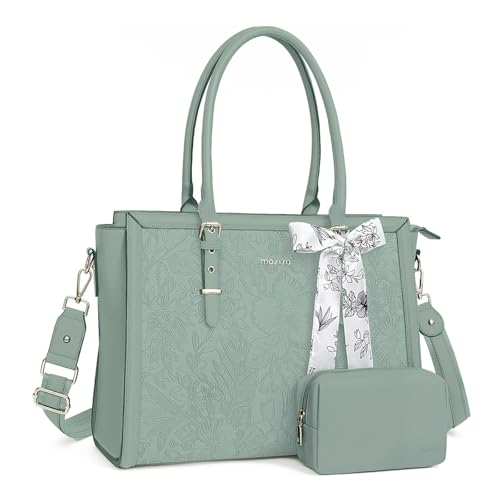 Image of MOSISO Laptop Bag for Women, PU Leather Tote Bag, Front Embossed Retro Hibiscus Computer Bags with Silk Scarf&Clutch Purse