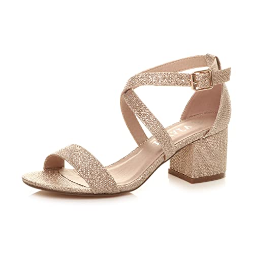 Ajvani Womens Ladies mid Low Block Heel Cross Straps Party Strappy Sandals Size, 7 UK, Rose Gold Shimmer