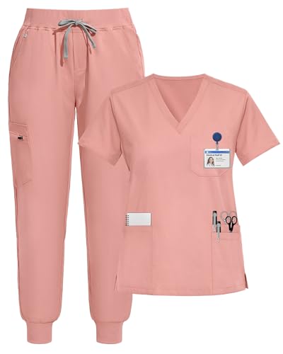 Eipnare Scrubs for Women Set, Stretchy V-Neck Top & Jogger Pants with Multi-Pocket Yoga Waistband