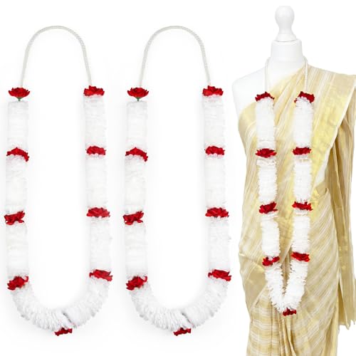 Suncalla 2 Pcs Indian Wedding Garland 6.56 ft Varmala for Wedding Bride and Groom Artificial Flower Varmala Garland Red Rose and White Daisy Necklace with Pearl for Ceremony Reception Engagement Decor
