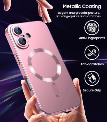 Image of DIZORO Magnetic Case for iPhone 16 Plus Case [Compatible with MagSafe][Built-in Camera Lens Protector] Slim Soft Silicone Bumper Shockproof Metallic Luster Back Cover Phone Case (Pink)