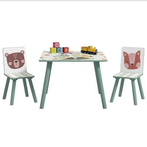 ZONEKIZ Mesa y Sillas Infantiles de 3 Piezas con 2 Sillas Verde y Blanco