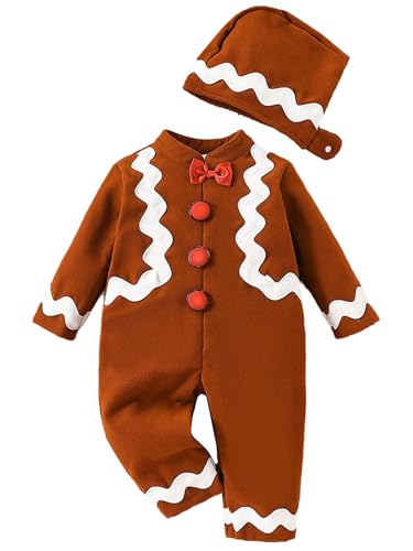 Photo de YOOJIA 2 Pièces Costume De Pain D'épice Bébé Tenue De Cosplay De Biscuit Marron De Noël Barboteuse Mignon Petit avec Ensemble De Chapeau Marron 2-3 Ans