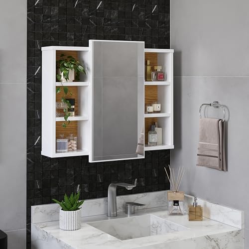 Espelheira Para Banheiro Com Nichos Armário Aéreo Com Espelho Org...