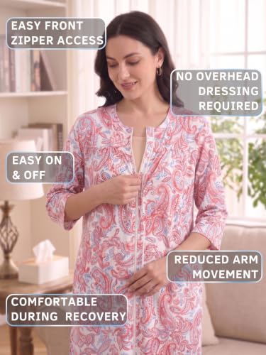 Image of Women's Post Surgery Robe with Drain Pockets Mastectomy Recovery Robe Front Zipper Hospital Gown Pajamas Gift