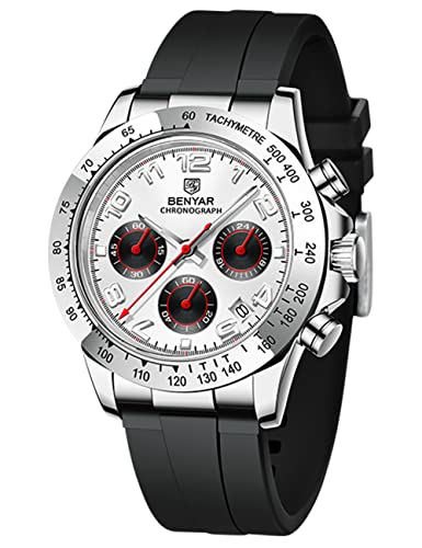 BENYAR Men's Watch Quartz Chronograph Waterproof 30M Sports Leisure Silicone Strap 40MM Fashion Business Elegant Men's Watch (White)â¦â¦