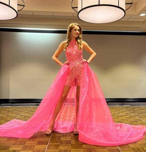 Girls Sequin Jumpsuits Pageant Dress Halter Short Flower Girl Dress Tulle Cape Two Piece Romper Maxi Dress4