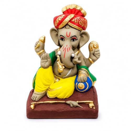 Image of Clay Ganesh Idol, 4 Inches Height, Water Soluble Ganpati Murti for Ganpati Visarjan (Small) (Multicolor - Pagri Ganesha)