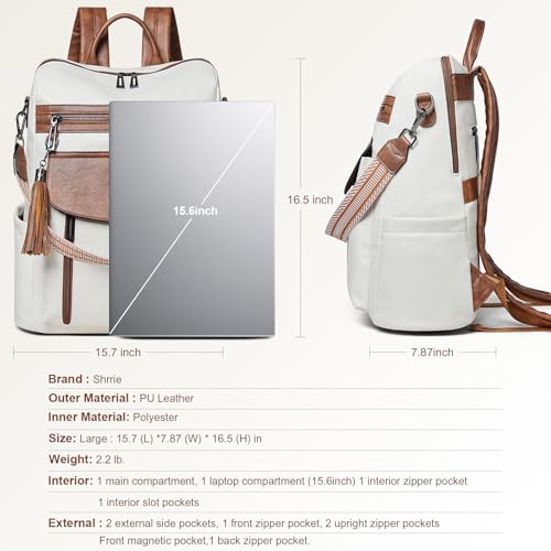 Laptop Backpack for Women 15.6 inch,Travel Leather Backpack Purse Nurse Teacher Carry on Backpack Computer Bag,Professional Water-Resistant College Business Work Casual Daypack,Beige with Brown - Image 3