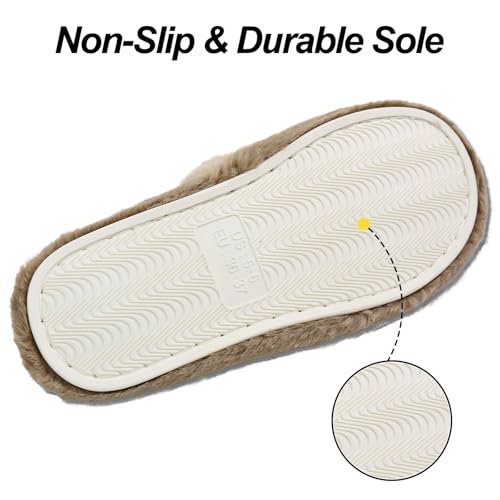 ZOORON Women's Fuzzy Slippers with Memory Foam Comfy Faux Fur Anti-Skid Sole Slippers for Women Bedroom House Open Toe (a-brown-9-10)4
