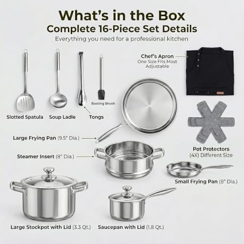 Image of Stainless Steel Cookware Set, 16-Piece Pots and Pans Set Non Toxic, Kitchen Induction Cookware with Glass Lids, Steamer, Utensil Sets, Pot Protectors & Apron, Oven & Dishwasher Safe, Silver