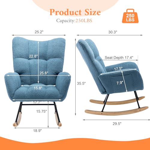TURRIDU Modern Glider Rocking Chair Nursery, Teddy Fabric Upholstered Rocker Chair with Solid Wood Base, Comfy Wingback Accent Armchair for Nursing, Living Room, Reading Room, Bedroom, Blue
