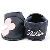  Krabbelschuhe Babyschuhe Lauflernschuhe mit Namensstickerei und Einlagen Blume weiches Leder marine