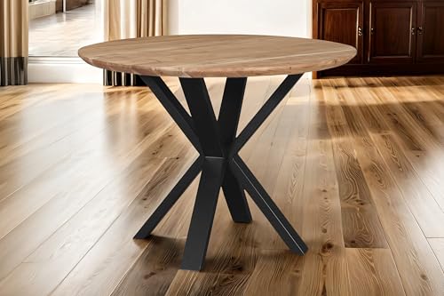 SAM Runder Esstisch 105 cm Cara, Akazienholz naturfarben + massiv, Esszimmertisch mit Schweizer Kante, Spider-Gestell Metall Schwarz, pflegeleichter Holztisch