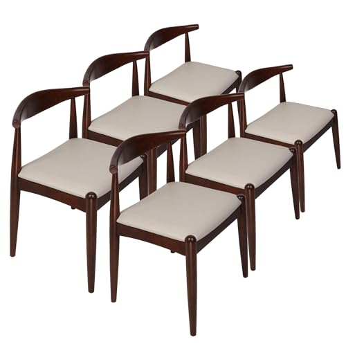 Koreyosh Mid Century Dining Chairs Modern Side Dining Chair Set of 6 with Solid Birch Wood Faux Leather Seat and Wooden Curved Backrest Low-Back Dining Chairs,Walnut/6-Pack