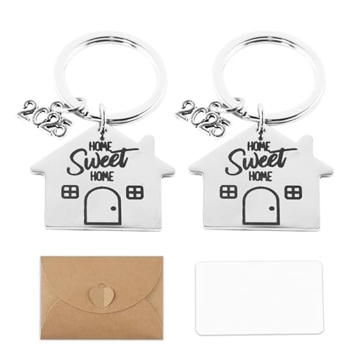 QINGYIWL 2025 Portachiavi casa 2 pezzi Sweet Home 1 busta e carta bianca piccoli anelli portachiavi personalizzati regalo di inaugurazione della casa argento, argento, EXTRA